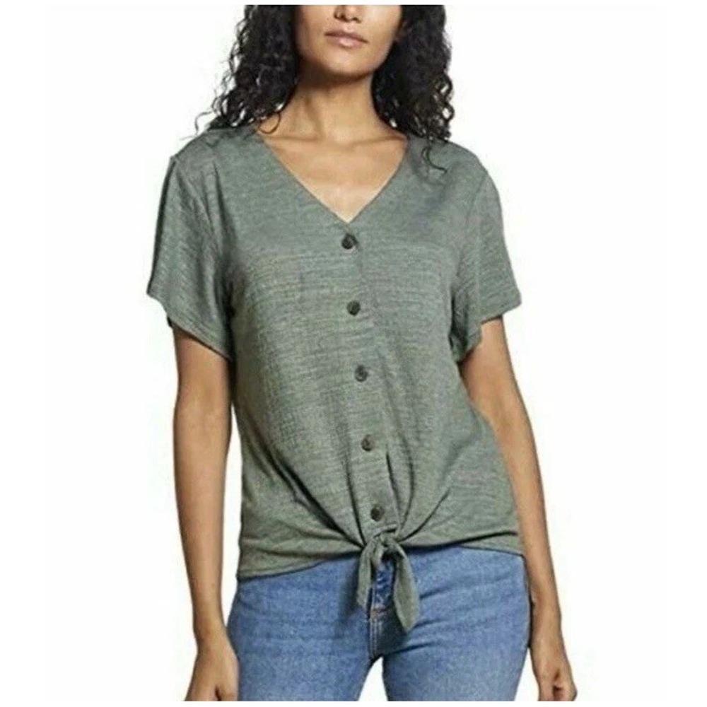 Weatherproof Vintage Shirt Womens Small Olive Green Tie Button Up Grunge Cottage